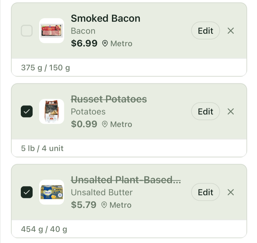 Peek My List items with prices, stores, and checked-off ingredients