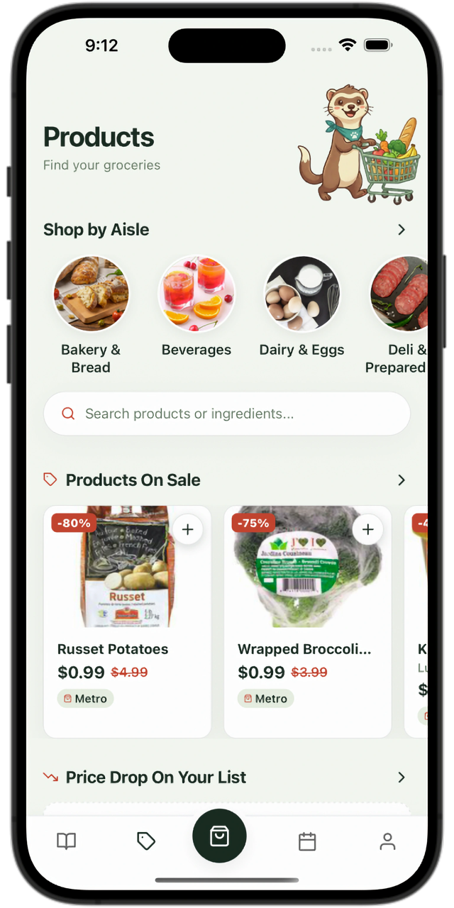 Peek app Products screen: shop by aisle, search groceries, and browse products on sale with price-drop badges