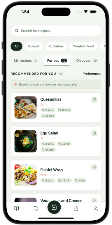 Peek For You feed: recommended recipes based on your preferences, with servings, time, and tags